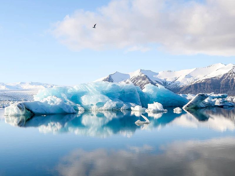 A blue glacier in a body of water