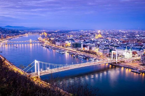 Aerial view of a city along a river at night