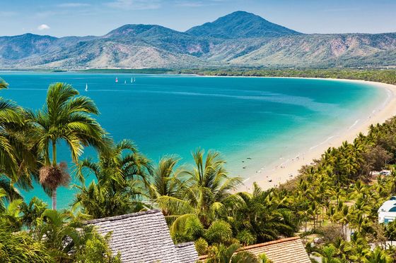 Aerial view of a sandy beach lined with palm trees and mountains in the distance