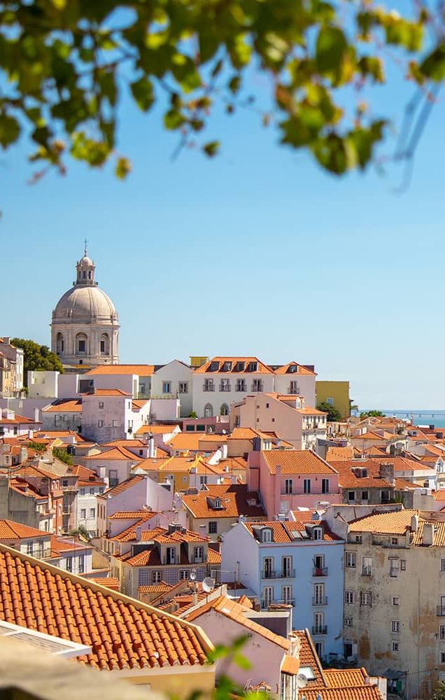 Many buildings and homes with red-tinted roofs packed tightly together and situated by the seaside with the ocean in the background