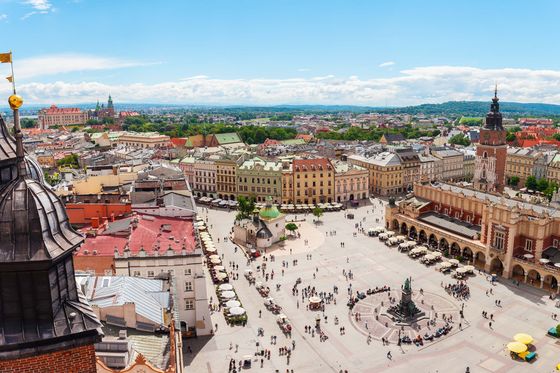The main square of buildings in Krakow's city center.