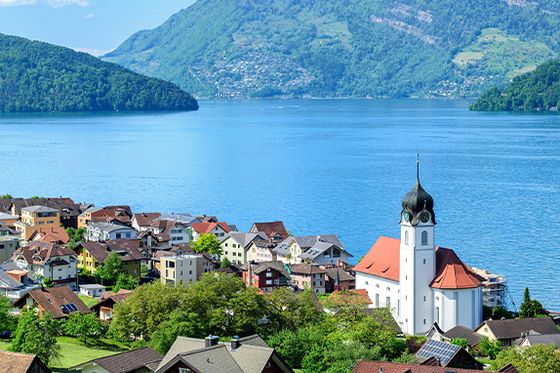 Several cabin-type homes on a lush green field with trees blooming flowers situated next to still blue water and a large mountain range in the background 