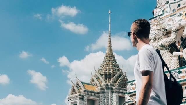 A man in front of an Asian temple