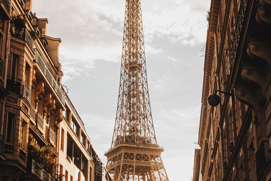 looking up at the eiffel tower at sunset