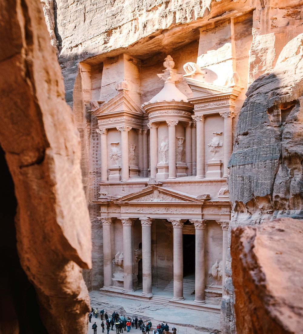 looking down at the treasury of petra in jordan