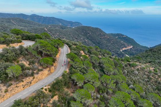 Cyclists ride along a winding road that curves through a lush green forest, with hills and mountains in the background and a vast blue ocean visible in the distance under a partly cloudy sky.