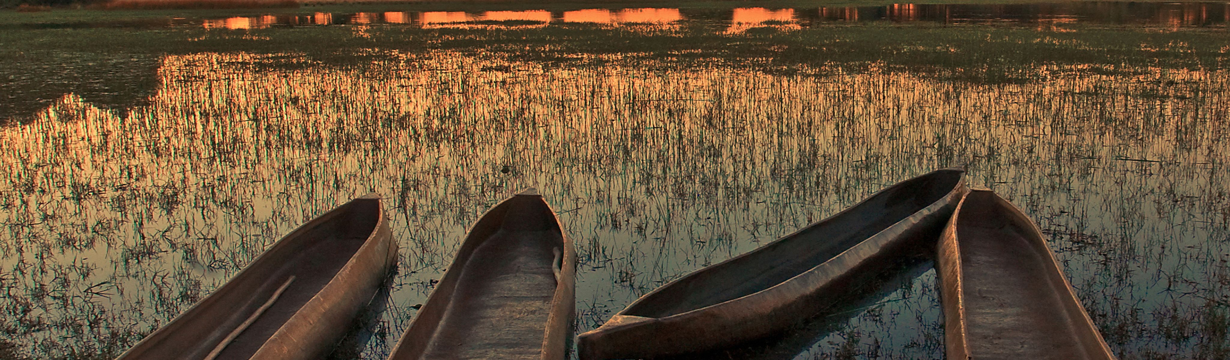 canoes floating in the okavango delta river in botswana at sunset