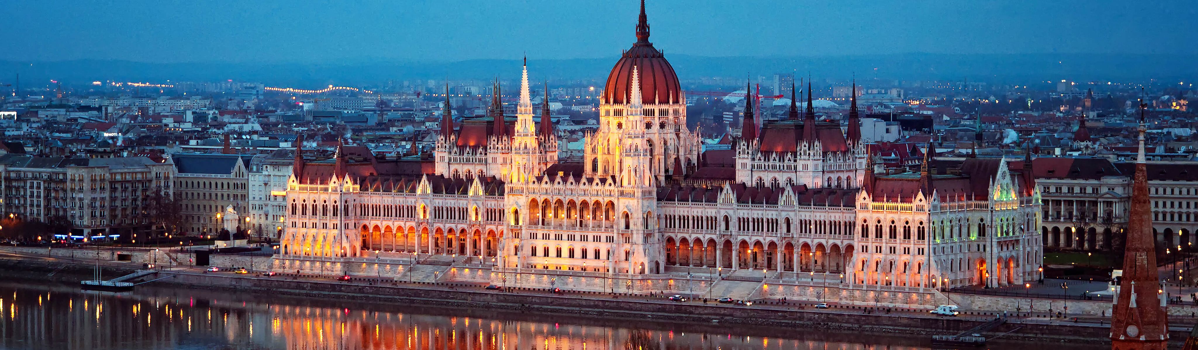 the hungarian parliment building in budapest hungary lit up at night