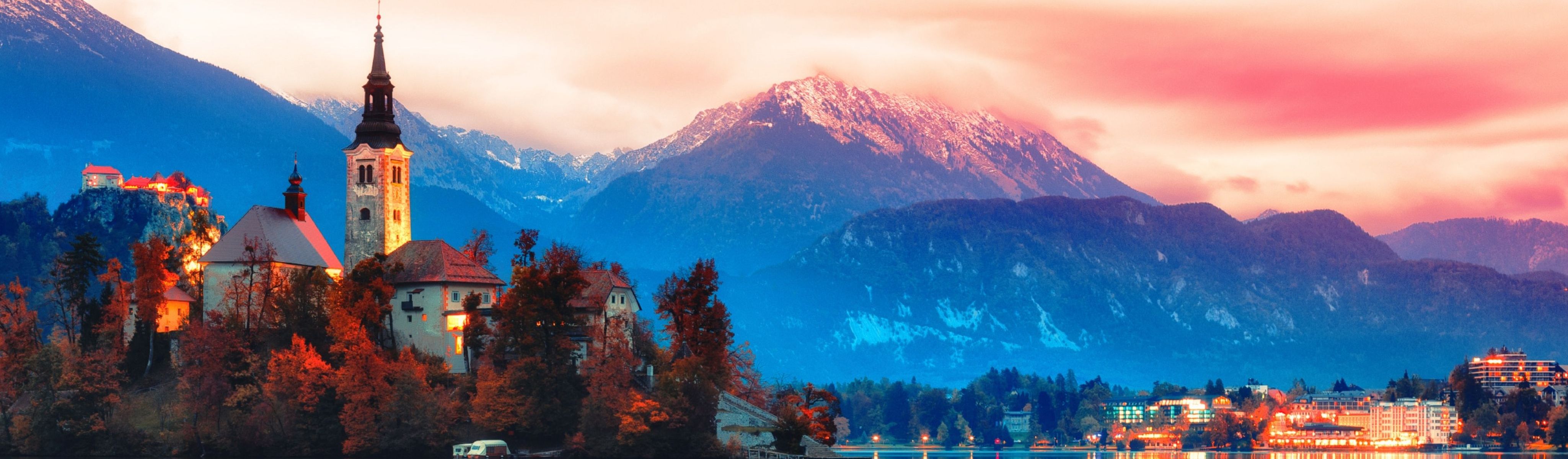 night scene of lake bled in slovenia