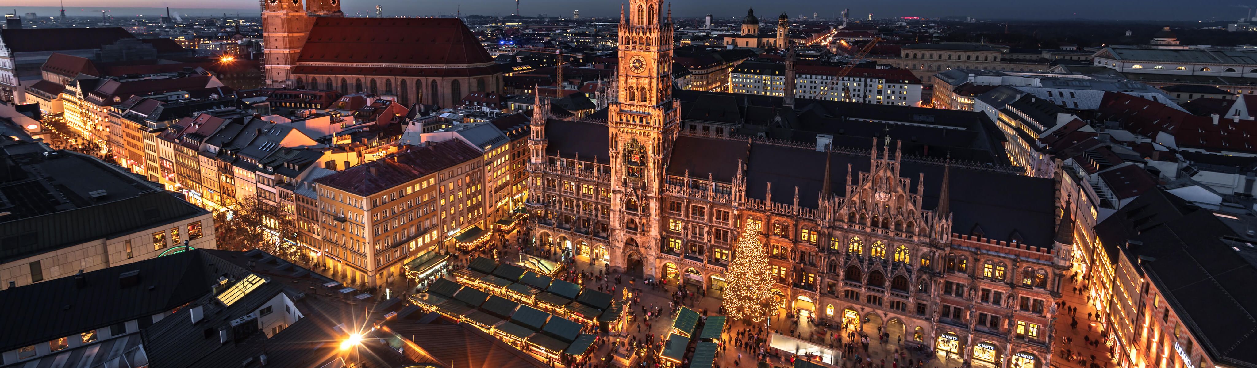 Marienplatz lit up at night in munich germany during the winter time