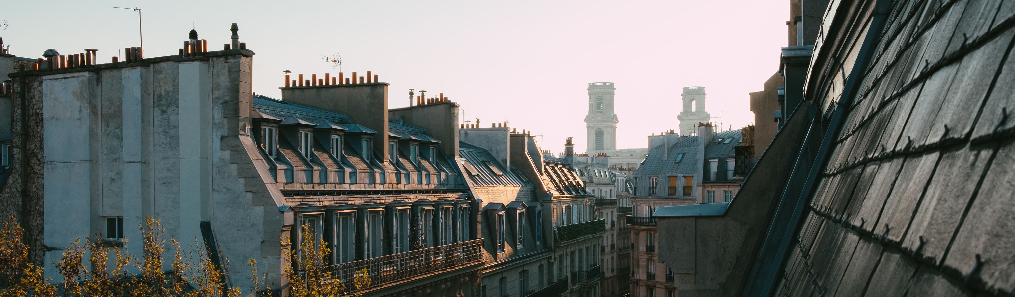 rooftops of buildings in paris france in the morning