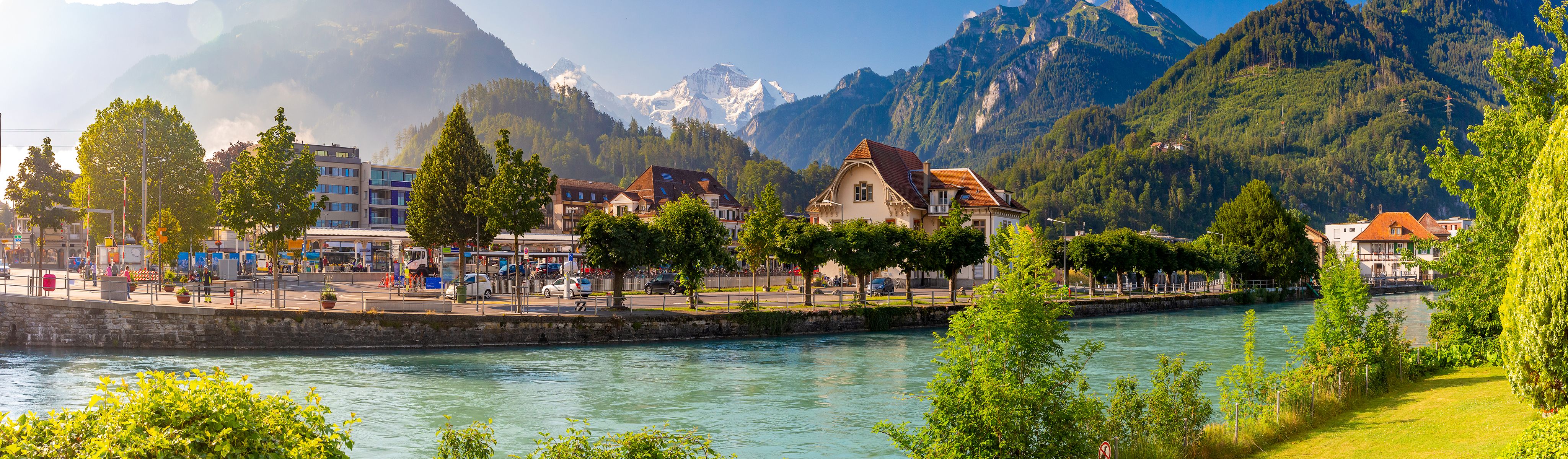 trees along a river with snow capped mountains near by in interlaken