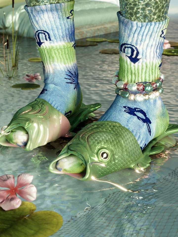 A pair of feet standing in a shallow pond full of lilypads. The feet are wearing a pair of sandals in the shape of fishes, as well as a pair of blue and green tie-dye Happy Socks featuring random symbols.