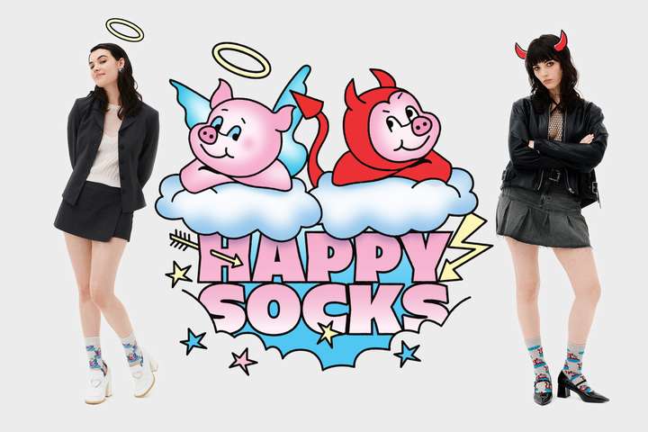 Two models wearing Good and Bad Pig Happy Socks, with the graphic of the sock featured in the middle to showcase our FW25 new collection.