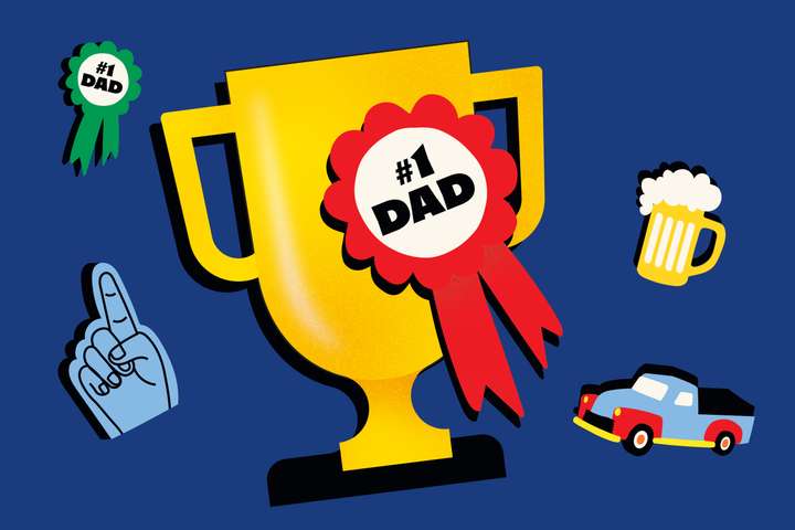 Ein grüner bis grauer Hintergrund mit Farbverlauf, der ein Paar bunte (hauptsächlich blaue) Happy Socks mit der Aufschrift „Super Dad“ sowie ein Paar Beine mit den besagten Happy Socks zeigt.