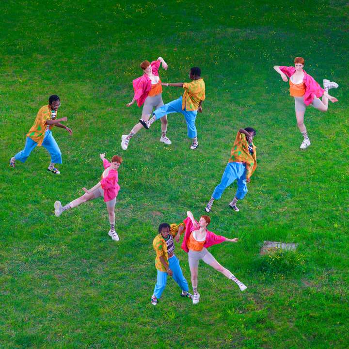 A group of people dancing happily on a green lawn.