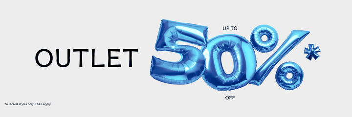 A grey background featuring the text "OUTLET" with Up to 50% OFF* in balloon text.