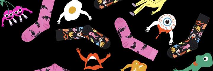 A black background with a collage of floating halloween graphics mixed with halloween Happy Socks.