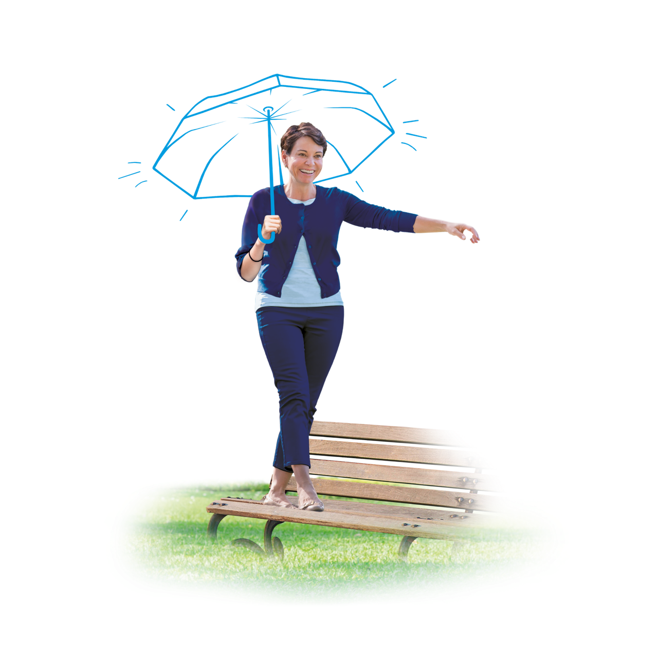 Woman balancing on a bench with a drawn blue umbrella over her, smiling, and surrounded by grass.