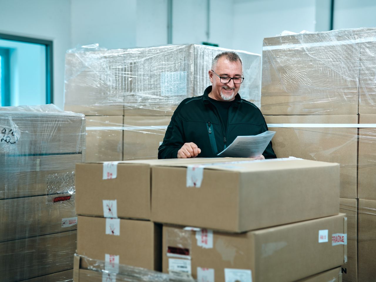 Ein Mann mit Brille lächelt, während er in einem Lagerhaus zwischen gestapelten, verpackten Kartons ein Lieferung kontrolliert.