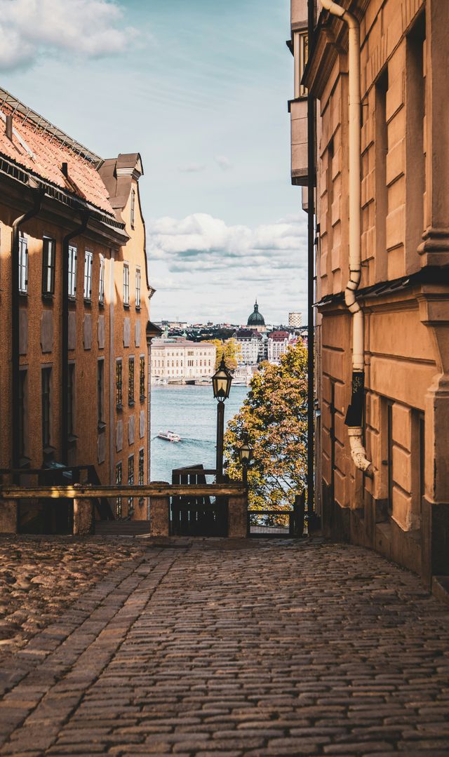 Picture of Stockholm, featuring a cobblestone alley bordered by historic buildings, leading to a waterfront view with a city skyline and distant dome under a partly cloudy sky.