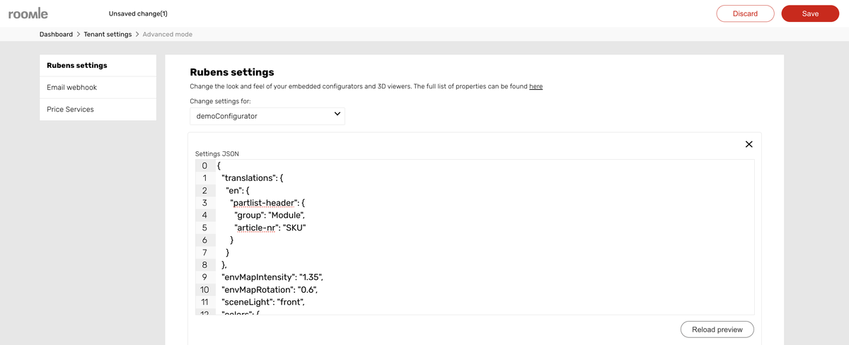 Rubens Admin JSON Tenant Settings