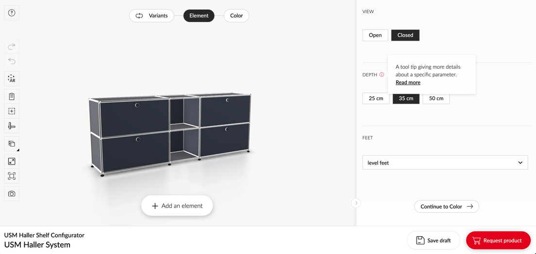 Configurator with tool tip for depth giving the user more details 