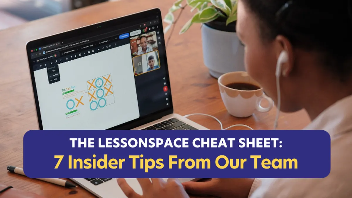Person in a video call, viewing a presentation on a laptop screen. Text overlay: "The Lessonspace Cheat Sheet: 7 Insider Tips From Our Team."