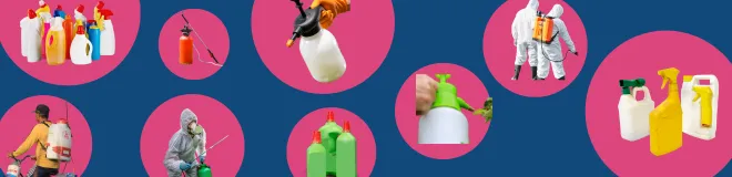 a banner of pink circles each containing a pesticide bottle images