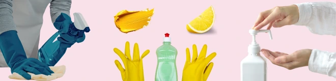 Collage of household cleaning items including spray bottles, rubber gloves, dish soap, lemon, and liquid soap dispenser, representing everyday home cleaning and hygiene products.