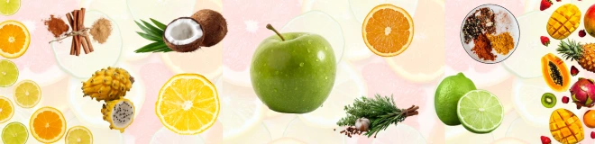 Images of citrus and tropical fruits and cool spices on top of a transparent background of sliced fruits.