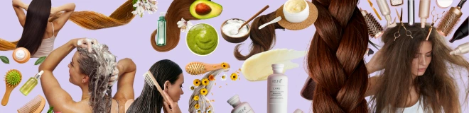 A collage of images with hair, hair products, hair masks and hair products.