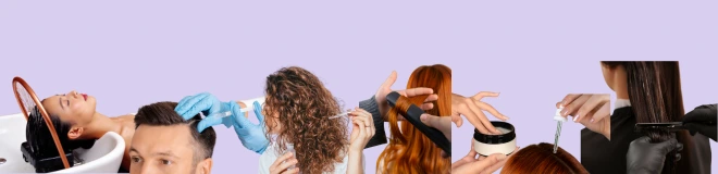 Multiple images of hairdressers and haircare products