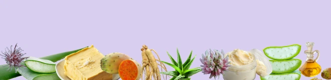 aloe vera, Ginseng flower, muramura butter and pear seed oil all displayed next to each other.