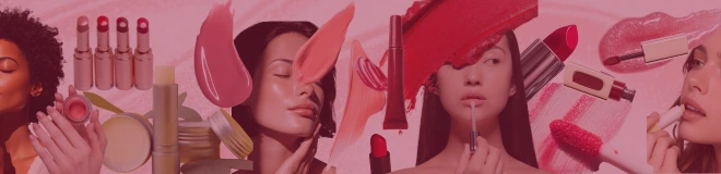 Collage of models applying lip balms and glosses alongside swipes of richly textured lip products, capturing the emotional, sensorial evolution of lip care where texture, scent, and self-expression take center stage.