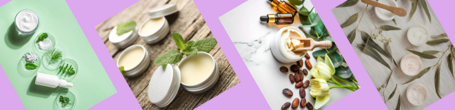 Collage of clean beauty and self-care moments showing exfoliation, lotion application, serum dropper, and botanical skincare products arranged with greenery, candles, and natural textures, representing mindful rituals and science-led, nature-inspired formulation.