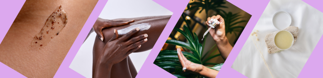 Collage of botanical skincare rituals inspired by biomimicry, featuring algae-based scrub, nourishing moisturiser, hydrating serum, and protective balm surrounded by herbs, oils, and natural textures symbolising water, fire, earth, and air elements.