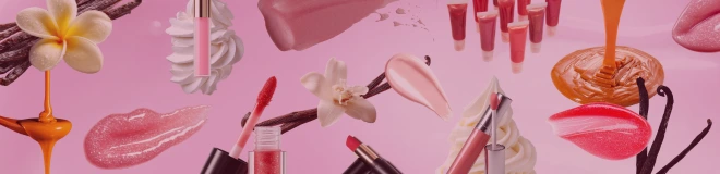 Collage of lip balms, glosses, and swatches paired with vanilla pods, whipped cream textures, and caramel-like drizzles on a pink background, evoking comforting, dessert-inspired fragrances and the rise of affordable luxury in lip care. Incorporating the lip care and luxury of beauty trends in personal care 2026.