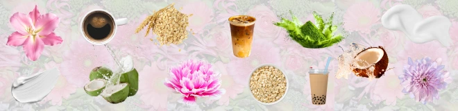 Faded and light flowery back ground with images of flowers, oats, coffee, bubble tea and coconut layered over the top.