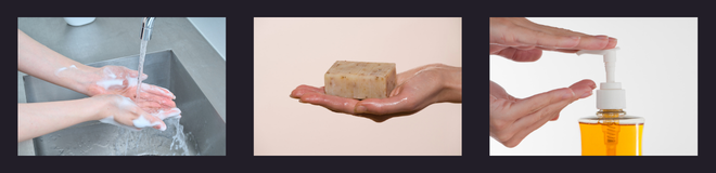 Three images showing hands being washed with soap, a solid soap bar held in a hand, and liquid soap being dispensed, representing different hand soap formats and antibacterial efficacy testing.