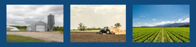 3 images of farming fields, housing and tractor