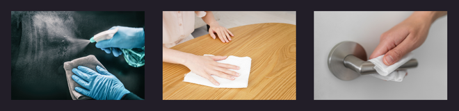 Three images showing disinfectant being sprayed, a surface being wiped clean, and a door handle being disinfected with a wipe, representing different surface disinfection methods and specialised efficacy testing for biocidal products.
