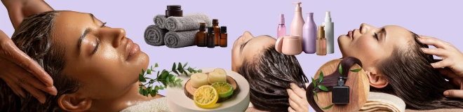 3 images of scalp massagings and 3 images of hair care. Imitating spa energy.