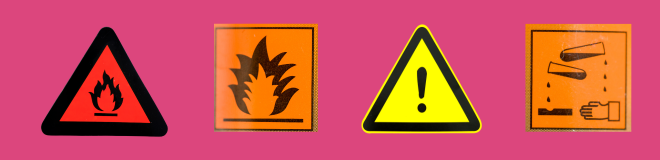 Collection of chemical hazard and warning symbols, including flammable, corrosive and general warning signs, representing classification, labelling and packaging requirements under the Biocidal Products Regulation (BPR).