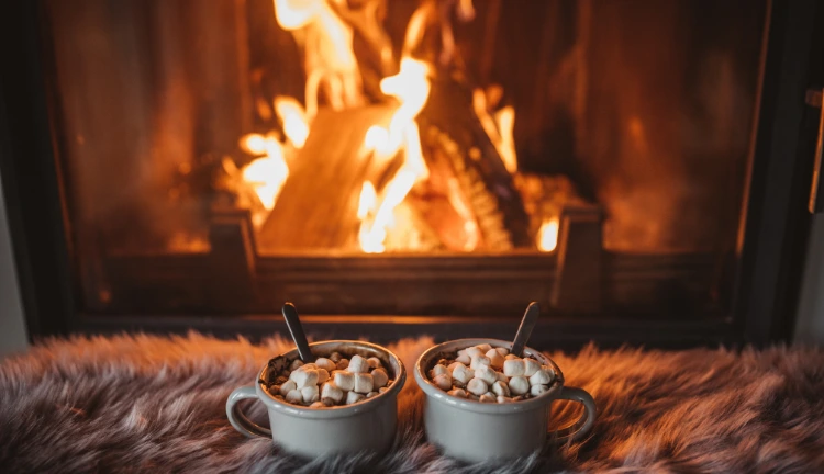 Two hot cups of hot chocolate sat on a cosy fury mug. Placed to a hot and burning indoor log fire.