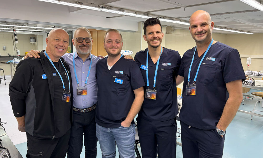 At the Barcelona Congress, from left to right: Charles Hughes (W&H Impex), Jaume Barros (Osteomed Iberica), and W&H Med representatives Andreas Stegbuchner, Roman Gschaider, and Martin Schöppl.