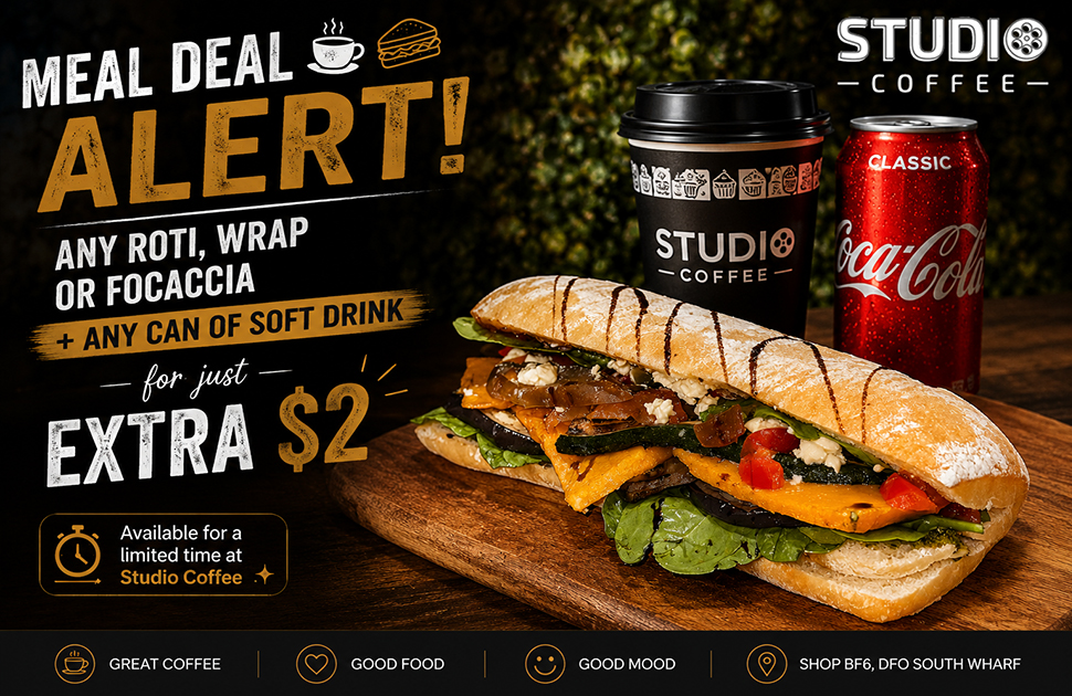 Studio Coffee | Any display wrap, Roti or focaccia add only $2 for any can of soft drink*
