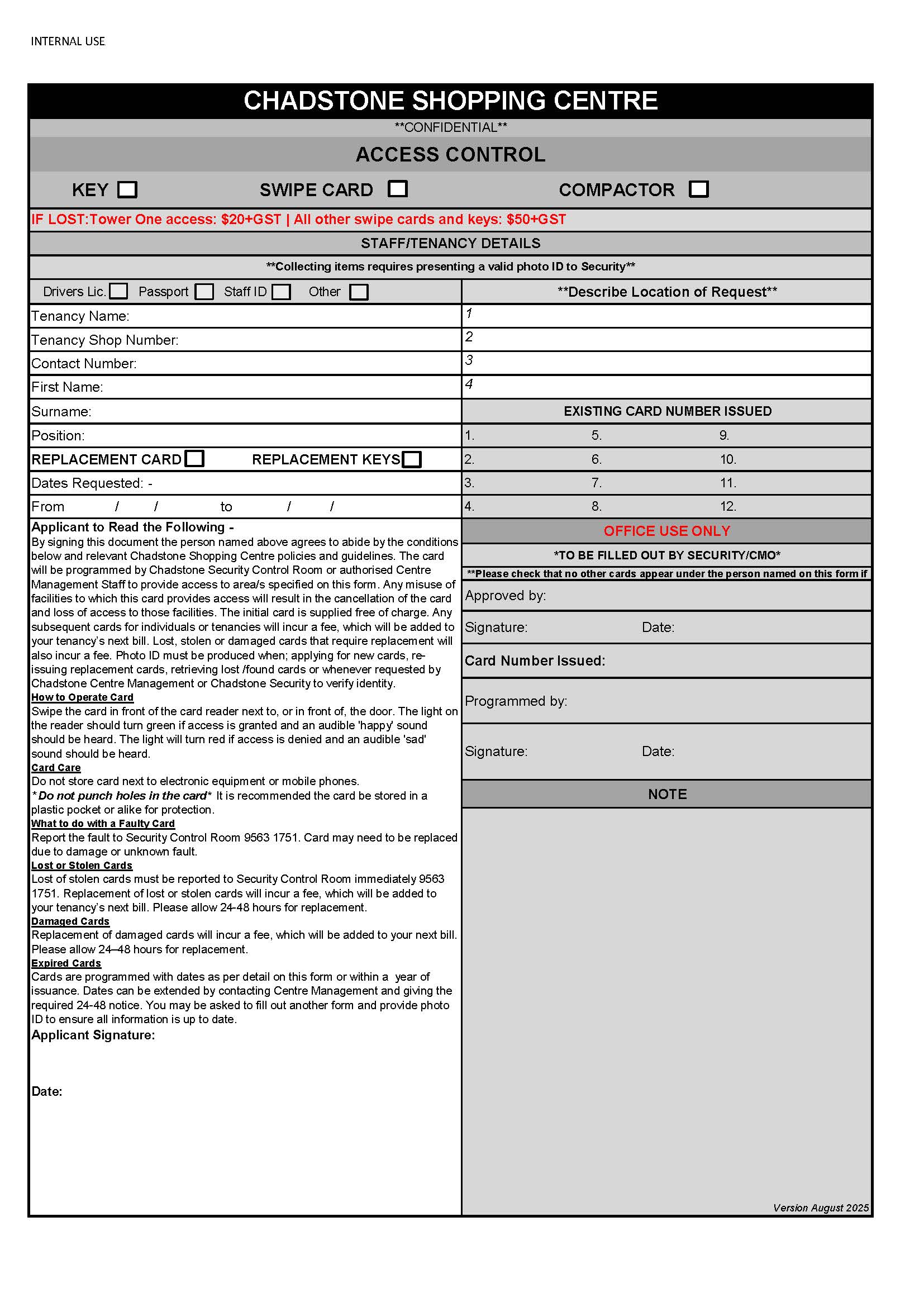 swipe card access form