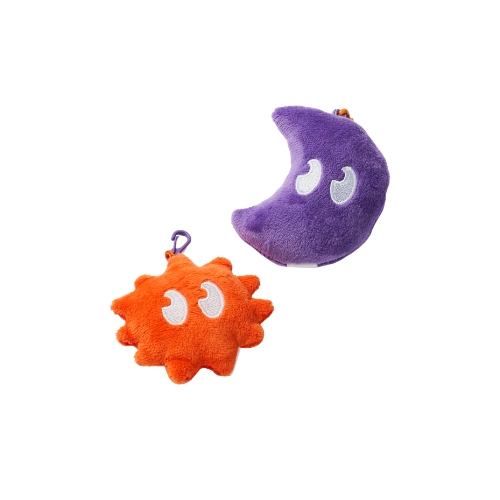 Purple fluffy moon & orange fluffy sun keyrings with white eyes