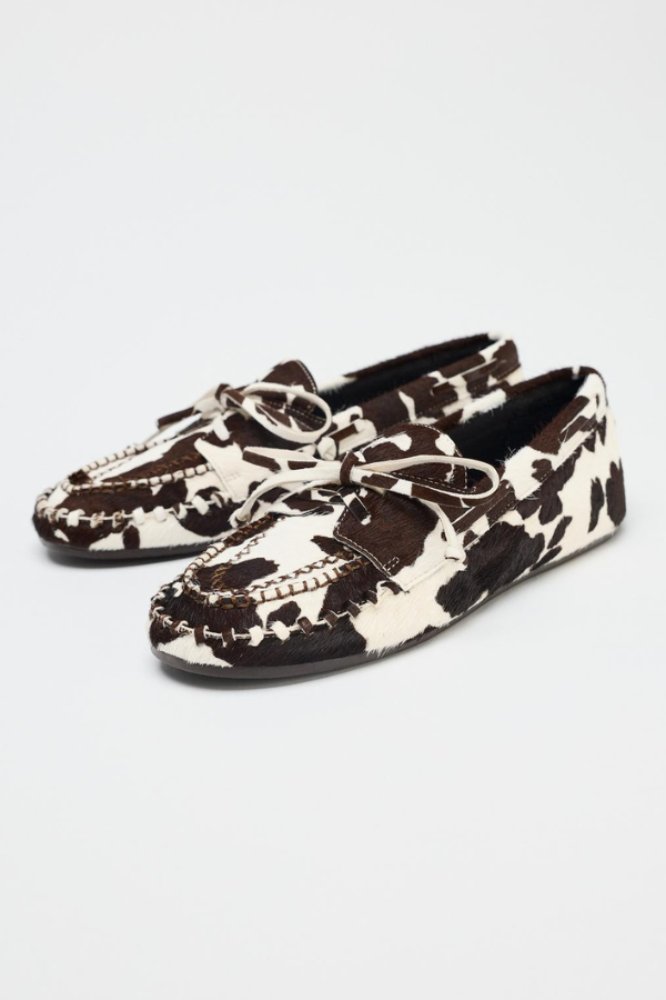 ZARA | ANIMAL PRINT LEATHER LOAFERS WITH SHEEPSKIN | $185